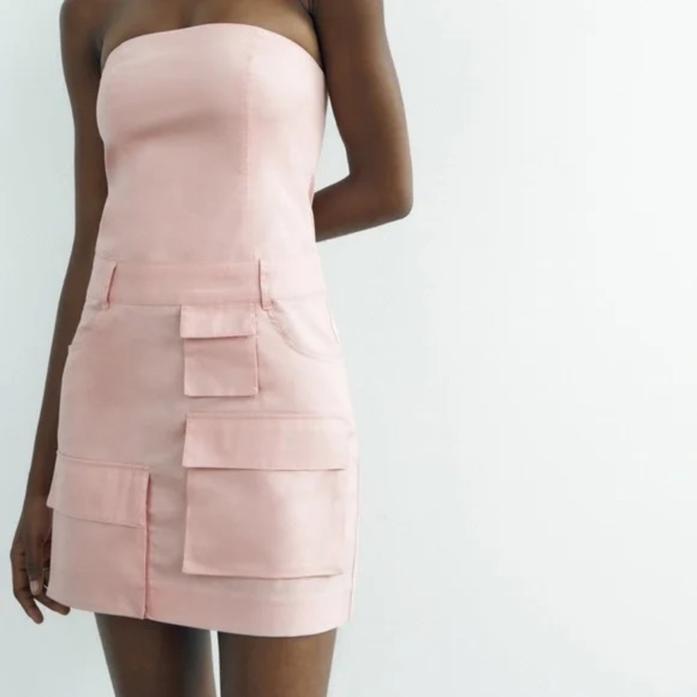 NWT Zara Pink / Mauve Strapless Trench Utility Mini Cargo Dress 100% Cotton